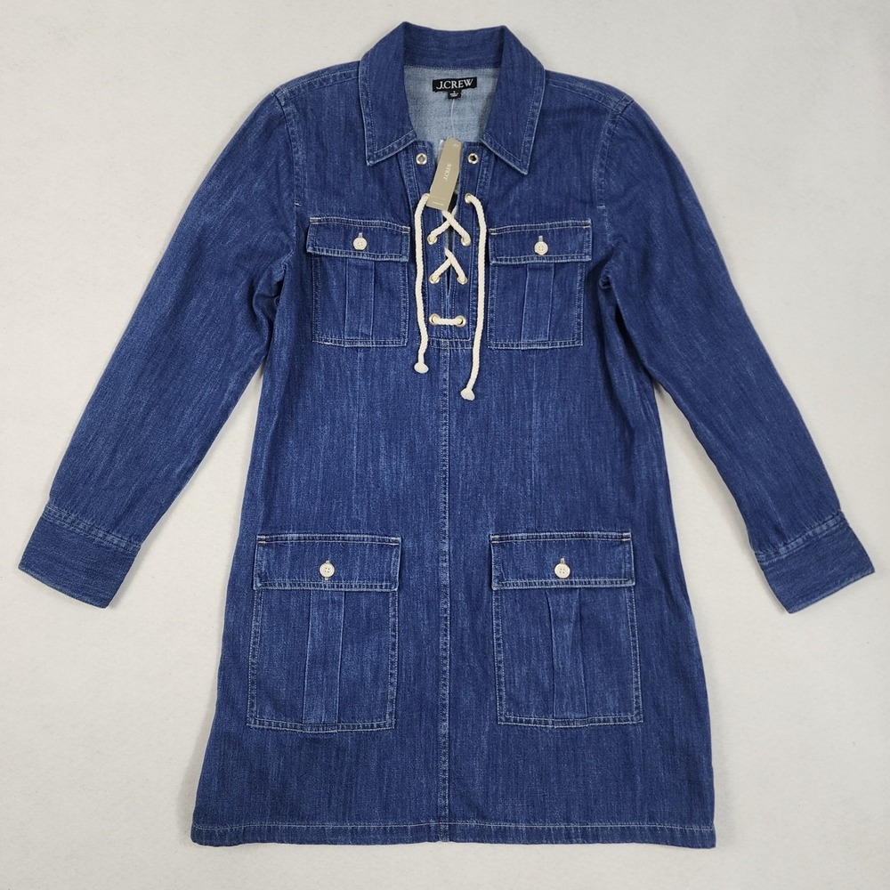 J.Crew Harbor Denim Dress Womens Small Blue Indigo Wash Denim Cotton Lace Up
